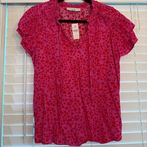 NWT Loft Pink & Red Hearts Ruffle Short Sleeve Top (Size: M)